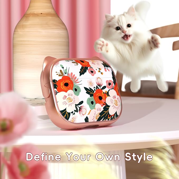 for AirPods Pro 2 Case with Cleaning Kit, Cute Cat Ear Print Design & Cute Buckle for Girls, Phone Holder & Top Safe Lock Buckle Design for AirPods Pro 2nd/1st Gen case, Rose Gold Flower - Image 2