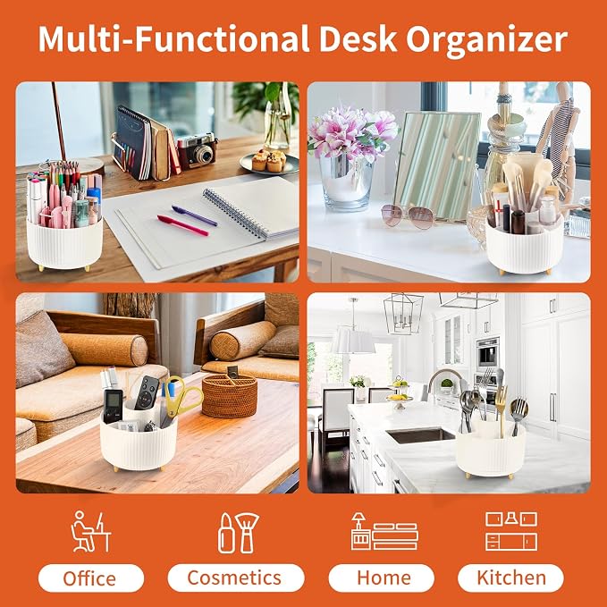 Desk Pencil Pen Holder, 5 Slots 360°Degree Rotating Pen Organizers for Desk, Desktop Storage Stationery Supplies Organizer, Cute Pencil Cup Pot for Office, School, Home, Art Supply, Beige - Image 5