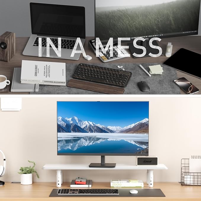 AFOOYO Dual Monitor Stand for Desk, Adjustable Height Wood Computer Riser, Ergonomic Monitor Shelf for Laptop, Printer, TV, Black - Large Storage Space, Sturdy Desk Organizer for Home & Office,White - Image 6