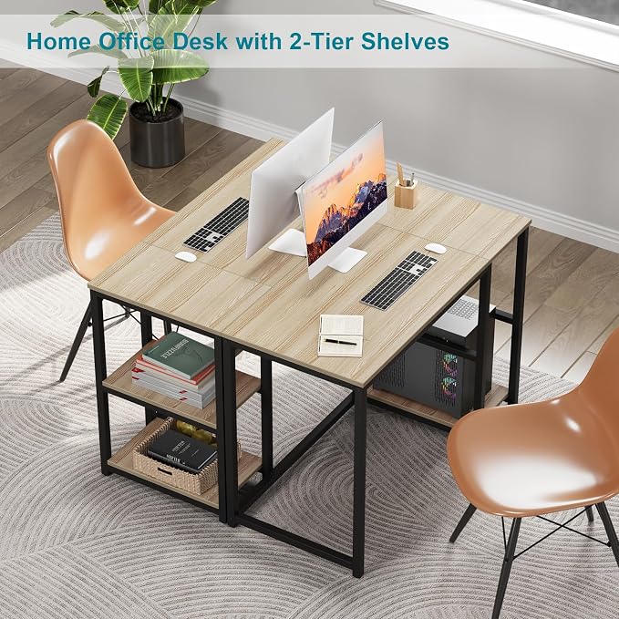 SINPAID 40'' Oak Computer Desk with Shelves, Sturdy Light Wood Desks with Storage Space, Modern Gaming Desk Study Writing Laptop Table, Beige - Image 5