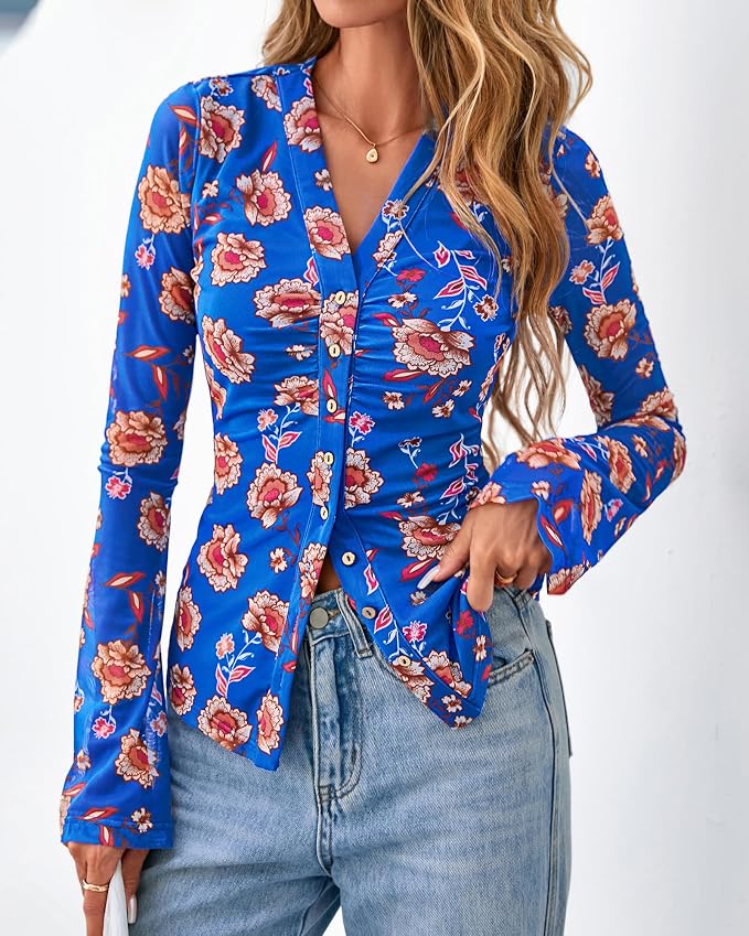 BTFBM Button Down Shirts for Women 2026 Fall Boho Tops V Neck Long Sleeve Blouses Ruched Mesh Fitted Fashion Clothing - Image 5