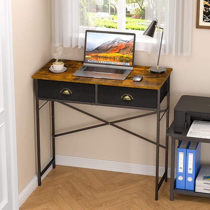 DAOUTIME Small Writing Desk for Kids Bedroom, 31.5 Inch Computer Desk for Small Spaces, Simple Desk with 2 Fabric Drawers for Home Office, Dorm, Living Room, Home Study Table, Rustic Brown by DAOUTIME