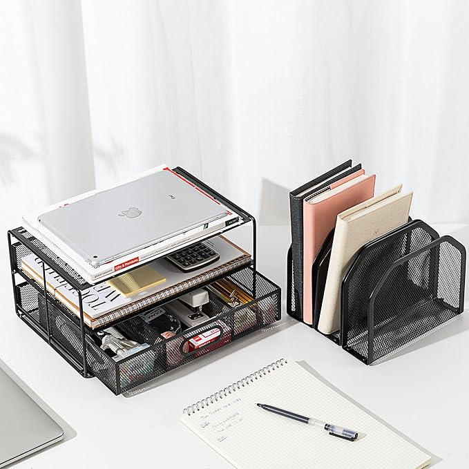Amazon Basics Mesh Desk Organizer with Sliding Drawer, Double Tray and 5 Upright Sections, File Holder for Office Supplies, Paper Letter Tray, Black - Image 6