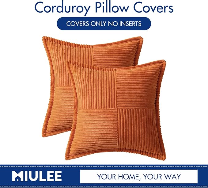MIULEE Fall Orange Decorative Throw Pillow Covers for Couch Bed Livingroom 18x18 Inch Set of 2 Boho Accent Throw Pllows Broadside Striped Patchwork Soft Corduroy Pillowcases - Image 6