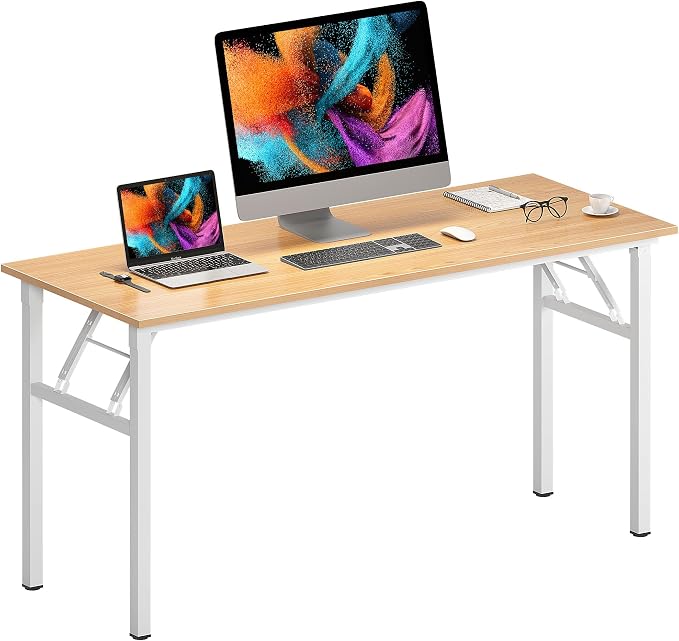 Need Office Computer Desk 60 Inch Sturdy Folding Laptop Table Teak | White Frame Writing Gaming Work Table/Foldable Home Office Desk/Sewing Table, No Assembly Required by Need