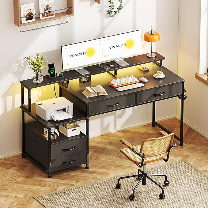 MUTUN 53" Computer Desk with 4 Drawers & Power Outlets, Reversible Home Office Desk with Monitor Stand & Printer Stand, Gaming Desk with Led Lights, Study Writing Work Desk Table for Bedroom (Black) - Image 2