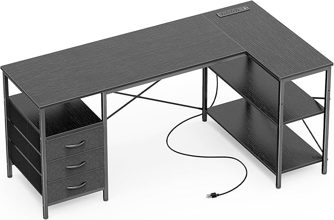 Huuger L Shaped Office Desk with Power Outlets, 55 Inch Computer Desk with 3 Drawers, Shelves, Reverisble for Gaming Corner Work Home Office Study, Black by Huuger