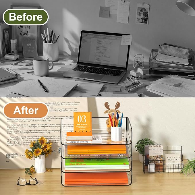FANXIYQ 4-Tier Acrylic Paper Tray Organizer - Low-Profile Desk File Sorter for Office/Home, Clear Stackable Letter Tray for Bills, Crafts, Notebooks - Image 5
