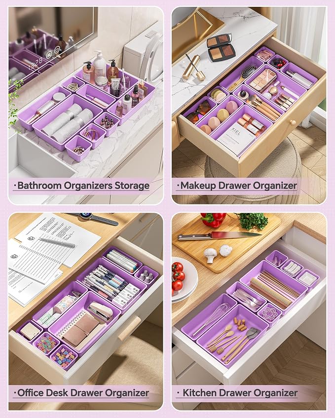 KEMETHY 25 PCS Plastic Drawer Organizers Set, 4 Sizes Vanity Organizer, Makeup and Desk Drawer Organizer Trays, Organization and Storage for Makeup, Bathroom, Kitchen Utensils and Office (Purple) - Image 4