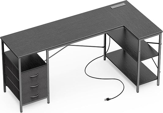 Huuger L Shaped Desk with Power Outlets, 63 Inch Reversible Computer Desk with 3 Drawers and Shelves, Home Office Table for Corner Work Study Writing Gaming, Black by Huuger