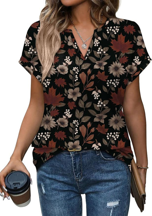Womens Tops Dressy Casual V Neck Rolled Sleeve T Shirts Fashion Clothing Business Casual Outfits Beach Vacation Clothes by XIEERDUOFASHION