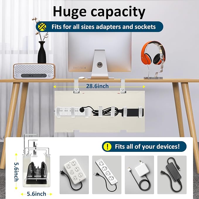 28" Small Under Desk Cable Management Tray No Drill, Compact Clamp On Cord Organizer for Dorm & Small Desk, Anti-Sag Oxford Fabric Wire Hider, Power Strip Holder (Beige, 28.6") - Image 2