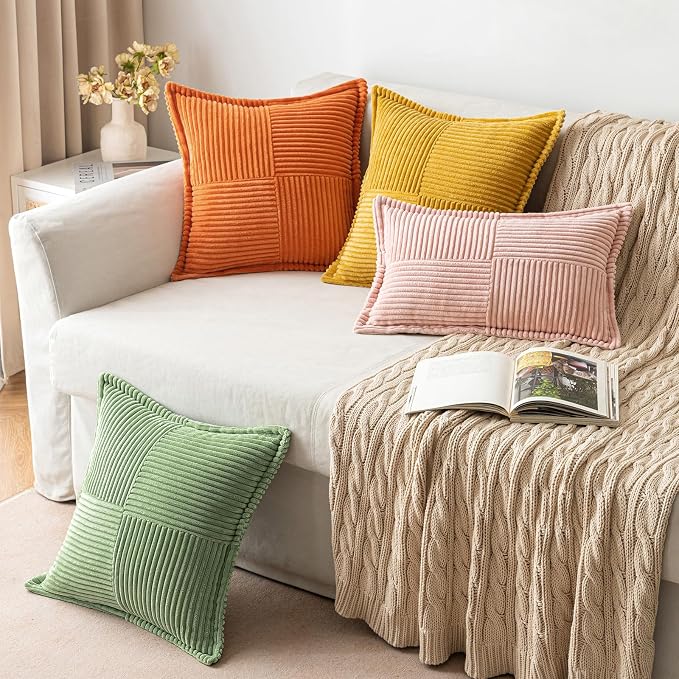 MIULEE Fall Orange Decorative Throw Pillow Covers for Couch Bed Livingroom 18x18 Inch Set of 2 Boho Accent Throw Pllows Broadside Striped Patchwork Soft Corduroy Pillowcases - Image 5