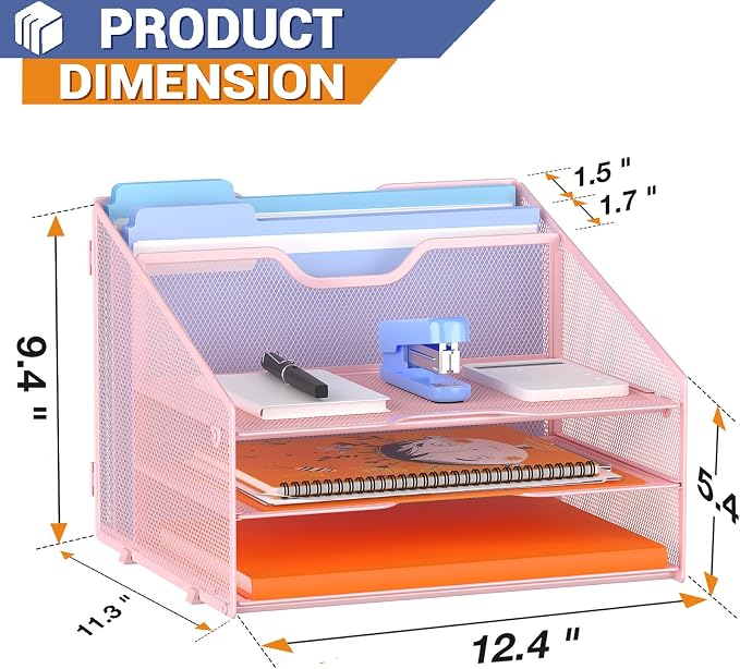 GAWERK Letter Tray Organizer, Mesh Desk File Organizer with 3 Paper Trays and 2 Vertical Upright Section (Pink) - Image 2