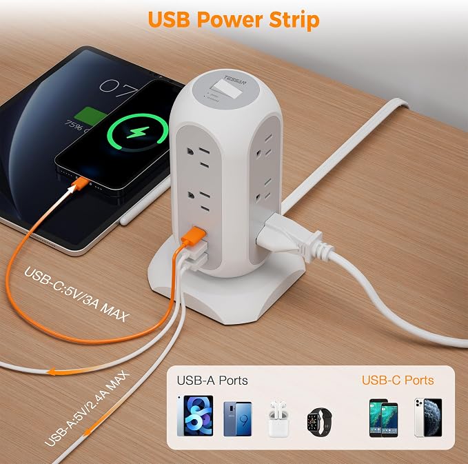 TESSAN Tower Power Strip Flat Plug with 1050J Surge Protection, 15 Ft, Grey | 11 Outlets 3 USB (1 USB C), Surge Protector Power Tower, Extension Cord with Multiple Outlets, Dorm, Office Desk Supplies - Image 5