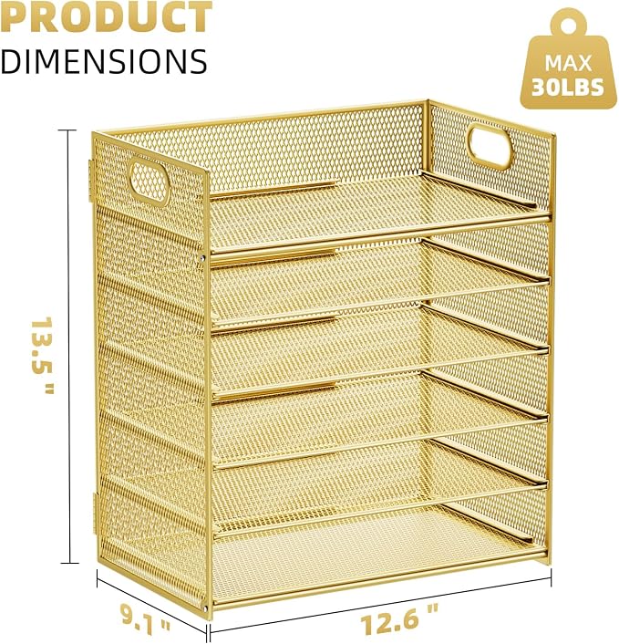 Marbrasse 2 Pack Desk Organizer with Handle, 6 Tier Paper Letter Tray, Mesh Desk File Organizer for Office, School and Home - Gold - Image 3