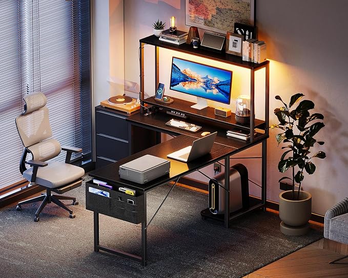 AODK L Shaped Desk Gaming Desk with LED Light & Power Outlet | 53 Inch Black Reversible L Shaped Computer Table with Shelf & Storage Bag & Hook for Home Office - Image 8