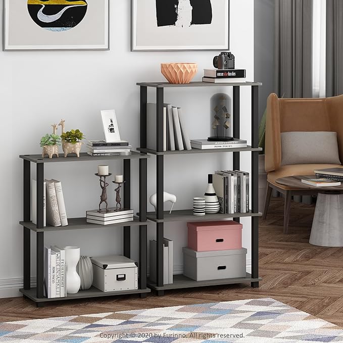 Furinno TURN-S-TUBE Storage Shelves Set of 2, 3-Tier Book Shelf, Corner Shelf, Toolless Open Shelves, Square Tubes, for Organization and Storage, Living Room, Garage, Home Office, French Oak - Image 2