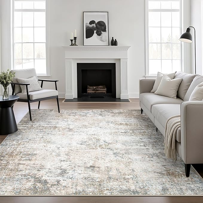 5x5 Area Rug Living Room Rug: Washable Modern Abstract Soft Thin Rug Indoor Floor No Slip Stain Resistant Carpet for Bedroom Dining Room Farmhouse Nursery Home Office - Brown Grey by FXRHLP