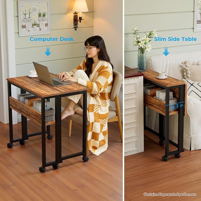 GreenForest Folding Desk with Wheels, 24.8" Rolling Table for Small Spaces | Storage Shelf, Lockable Casters, Compact Portable Workstation, Space-Saving Foldable Sofa Table, Home Office, Mobile, Walnut - Image 6
