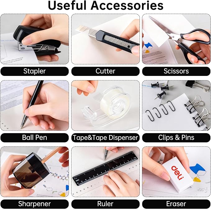 deli Office Supplies Set, Desk Accessory Organizer Kit, Black | Stationary Set, Desk Supplies with Rotating Multi-Functional Pen Holder &Stapler Set for Office, School, Home - Image 3