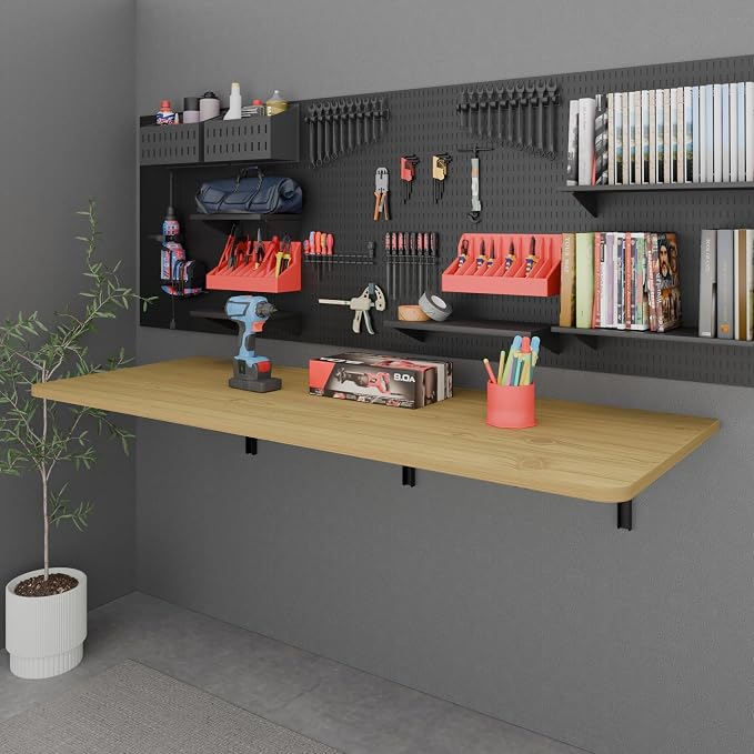 IAE 55x22in Floating Fold Desk,Wall-Mounted Folding Computer Table,Natural | Study Table with Shelf Brackets,Foldable Down Shelf with Engineered Wood,Fold Computer Desk for Small Apartment,Holds 513 lb - Image 6