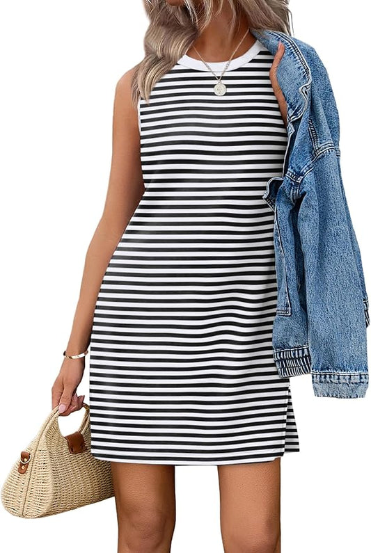 WIHOLL Casual Dresses for Women Crewneck Sleeveless Tank Dress Summer Spring Boho Vacation Clothes by WIHOLL