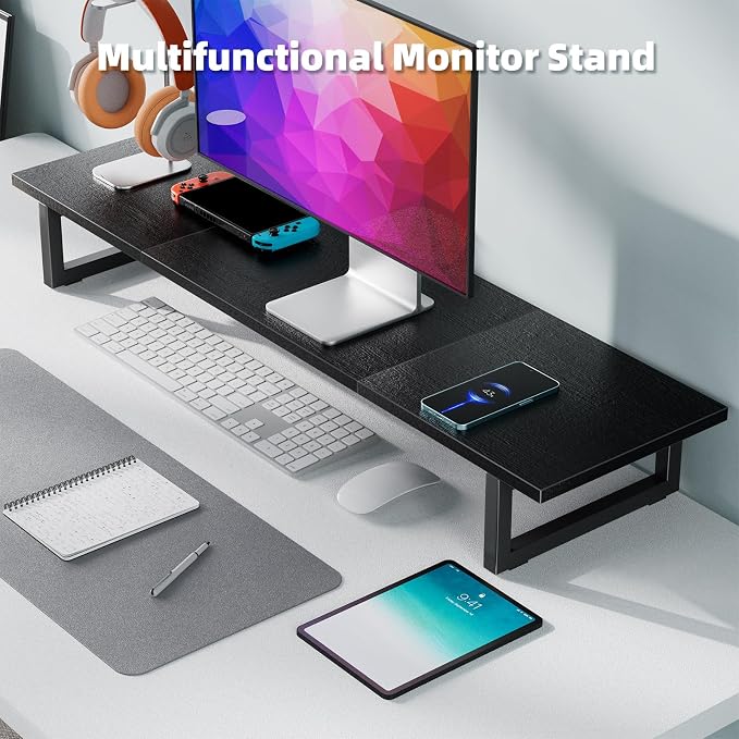 Simple Trending 38 Inch Dual Monitor Stand Riser, Wood and Steel Desktop Organizer for Home Office, Black - Image 4
