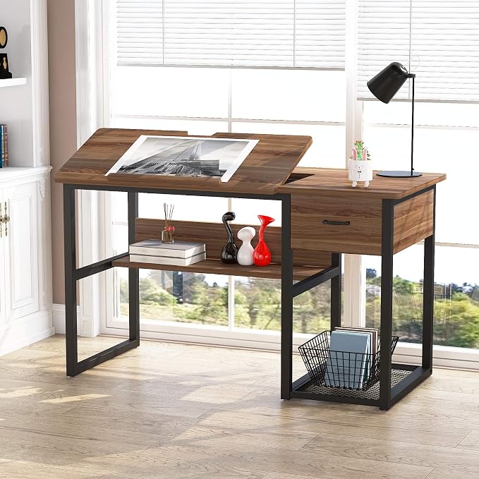 Tribesigns Drafting Table with Storage Drawers, Drawing Computer Desk Artist Craft Table Painting Desk Workstation with Shelves and Tiltable Tabletop for Students, Home Office - Image 2