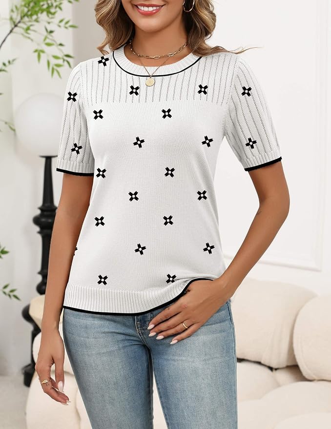 Zeagoo Women's Short Sleeve Sweater Tops 2026 Spring Summer Crew Neck Hollow Out Blouses Dressy Business Casual Outfits - Image 2
