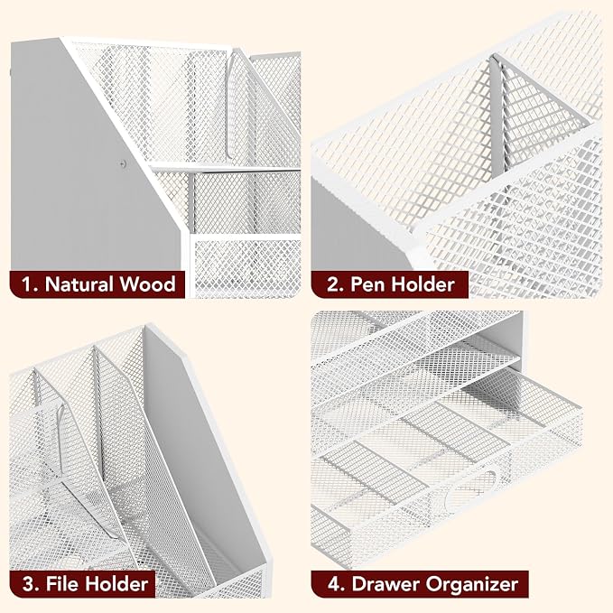 Homsorout Wooden Desk Organizer - Mesh File Organizer with Drawers and Pen Holder - 4-Tier Vertical Paper Letter Storage Tray, Desktop Organizers and Accessories for Home Office （White - Image 5