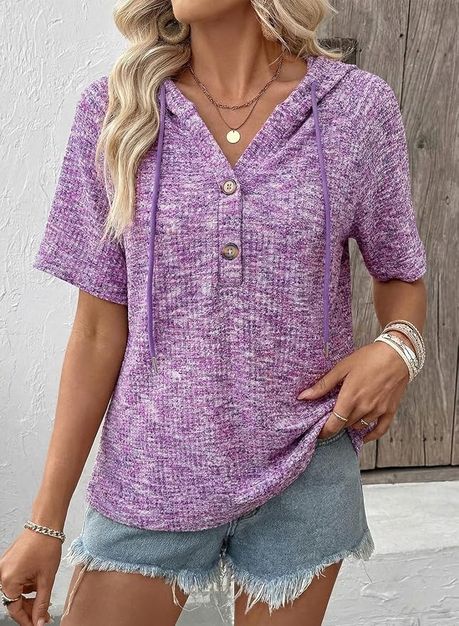 Dokotoo Womens Summer Tops 2026 Short Sleeve Button V Neck Waffle Knit Lightweight Drawstring Hoodies Casual Blouses Shirts - Image 3