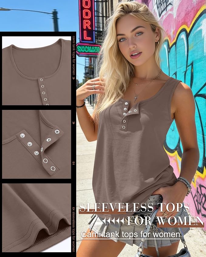 Ficerd 3 Pack Women's Henley Tank Tops Sleeveless Button Down Summer Shirts 2026 Casual Trendy Loose U Neck Tee Blouses - Image 4