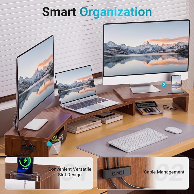 BONTEC Triple Monitor Stand Riser with Smartphone Holder, Walnut | Adjustable Length & Swivel Angle, Ergonomic Wooden Desktop Organizer for PC Monitor, Laptop, Printer, Large Storage, 53.3 in - Image 5