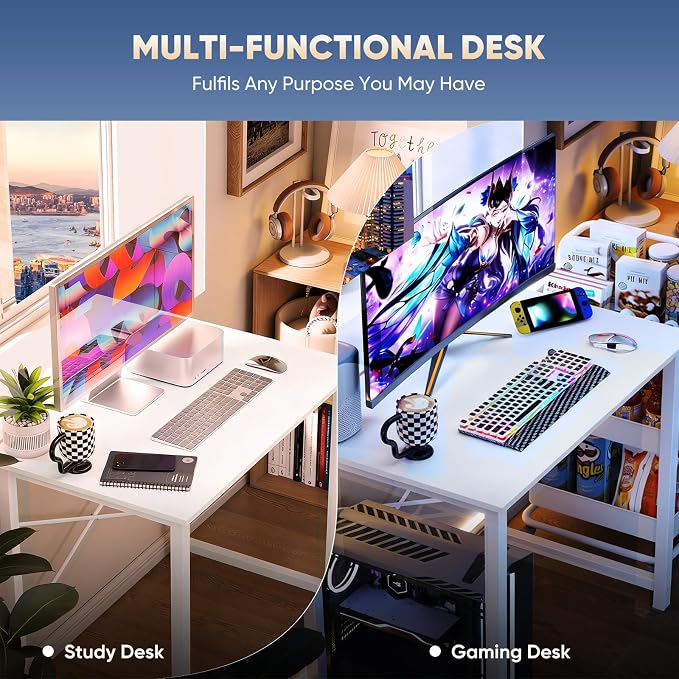 DUMOS 32 Inch Small Computer Desk, Gaming Desks for Home Office Bedroom | Modern Study Writing Work Table, Craft PC Desk Simple Workstation with Reinforcement Structure, White - Image 4