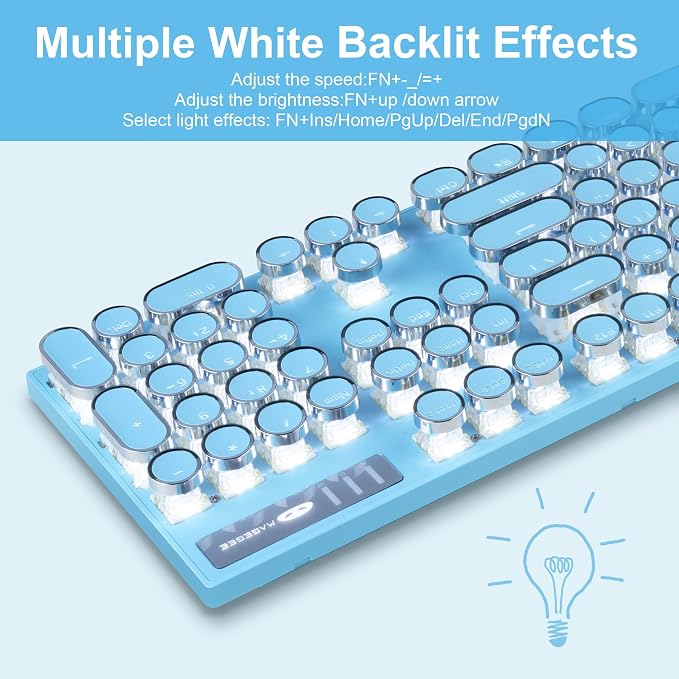 Typewriter Style Mechanical Gaming Keyboard,Retro Punk Gaming Keyboard with White Backlit, 104 Keys Blue Switch Wired Cute Keyboards with Detachable Wrist Rest,Blue Keyboards for Office/PC/Laptop - Image 3