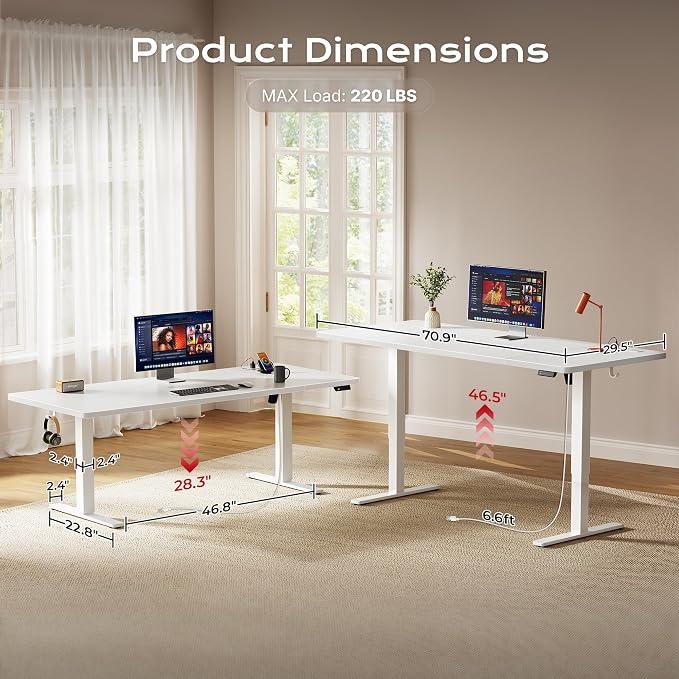 Huuger 71 X 30 Inch Electric Standing Desk with Power Outlets and USB-C Port, Height Adjustable Desk, Sit Stand Desk for Home Office, Computer & Gaming Desk with 4 Presets, Stable Steel Frame, White - Image 5