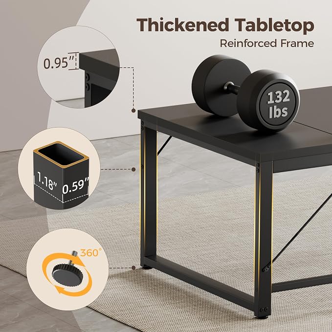 Mericonia 63x28 Inch Computer Desk, 1" Thick Large Office Table, Black | Modern Simple Style, Heavy Duty Industrial Frame, Large Study & Writing Table for Home Bedroom Work - Image 4