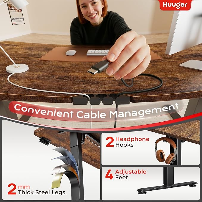 Huuger Electric Standing Desk with Power Outlets and USB-C Port, 39 X 24 Inch Height Adjustable Desk, Sit Stand Desk for Home Office, Computer & Gaming Desk with 4 Presets, Rustic Brown - Image 6