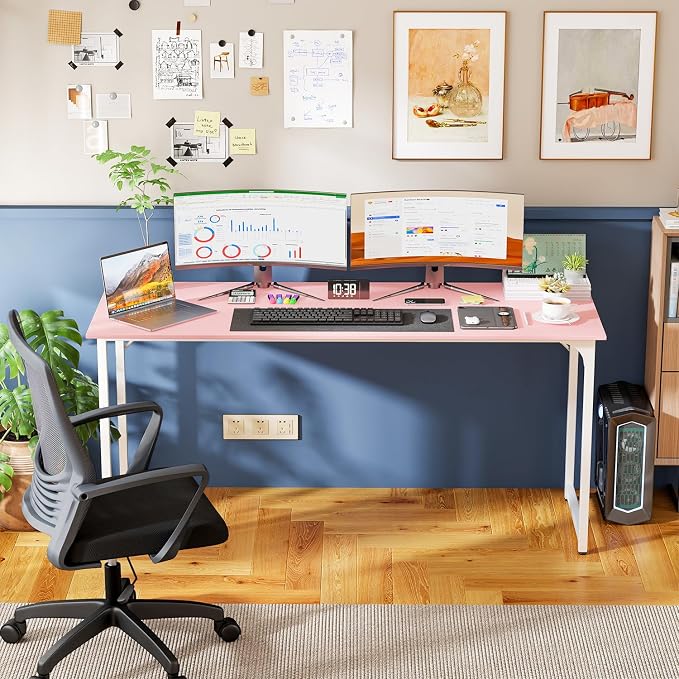 PayLessHere | 63 Inch Computer Desk | Pink | Office Desk with Metal Frame, Adjustable Feet | Water-Resistant, Scratchproof Surface | Sturdy Writing Table for Home Office or Study | Pack of 1 - Image 7