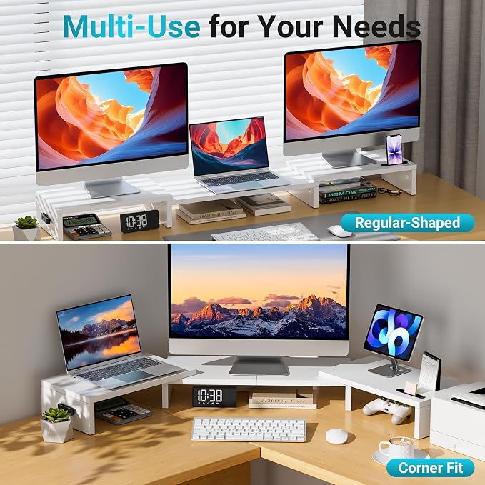 BONTEC Triple Monitor Stand Riser with Smartphone Holder, White | Adjustable Length & Swivel Angle, Ergonomic Wooden Desktop Organizer for PC Monitor, Laptop, Printer, Large Storage, 53.3 in - Image 7