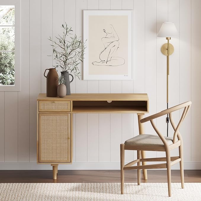 Nathan James Aaron Modern Desk with Storage, Natural Rattan Table with Square Webbing and Gold Accent Knobs, Natural Brown - Image 3