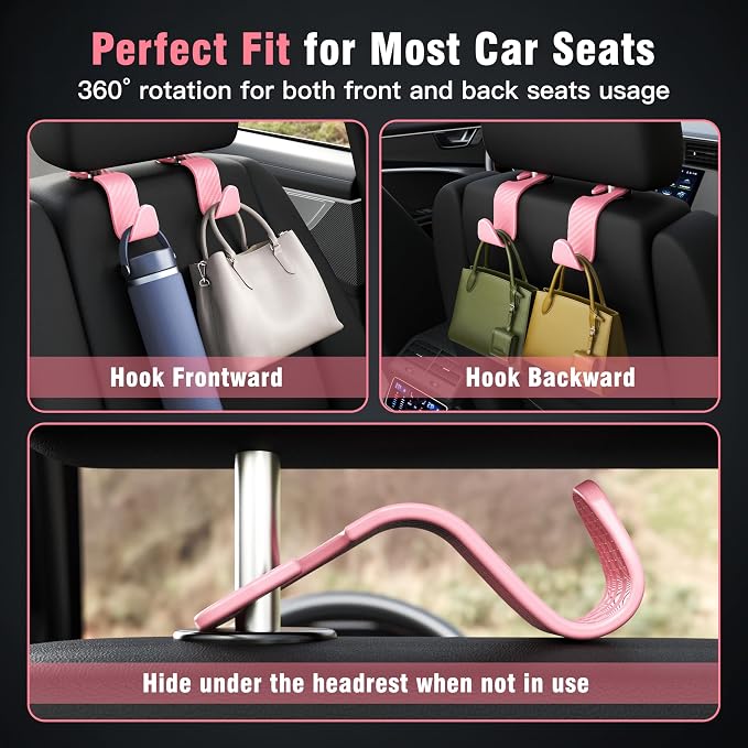 Amooca Car Seat Headrest Hook 4 Pack Hanger Universal Vehicle Car Storage Organizer for Handbag Purse Coat S Type Checkered Pink - Image 3