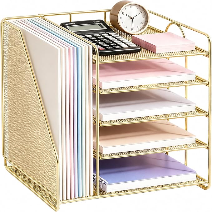 OPNICE 5-Tier Desktop File Paper Organizer, Desk Organizers and Accessories, Office Desk Accessories & Workspace Organizers for Home Office Supplies, Gold by OPNICE