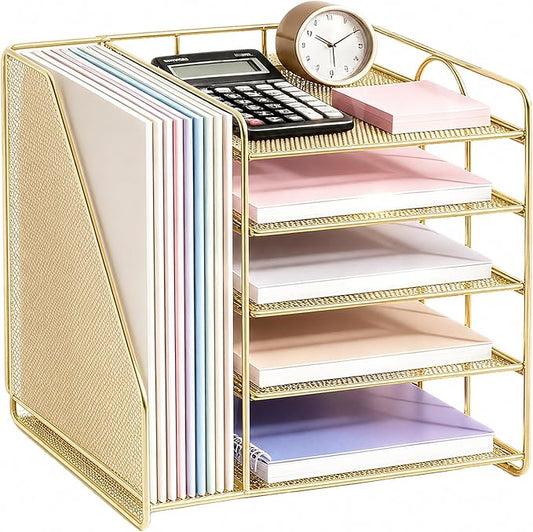 OPNICE 5-Tier Desktop File Paper Organizer, Desk Organizers and Accessories, Office Desk Accessories & Workspace Organizers for Home Office Supplies, Gold by OPNICE