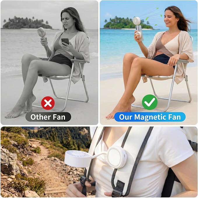 Magnetic Phone Fan, Small Portable Fan & Phone Stand with 360° Flexible Gooseneck, 3 Speeds, Wide Airflow, Rechargeable, Pocket Size for Women, Travel, Beach, Summer Cooling, Makeup Use, White - Image 6