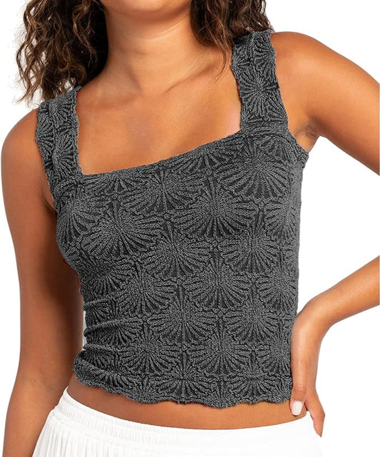 Women's Square Neck Wide Strap Crop Tank Tops Flower Going Out Tops Slim Fit Lettuce Trim Crop Cami Tops by NiceYourLife