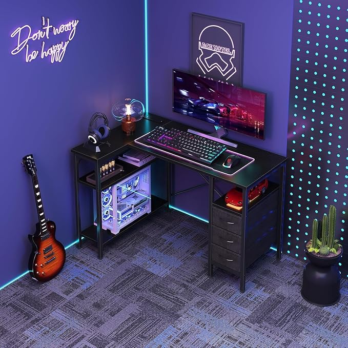 Alpen Computer Desk with Drawers, L Shaped Desk for Bedroom with Power Outlets, Gaming Table with Storage Shelves, Corner Desk for Gaming, Study Writing PC Table, 55 Inch, Black - Image 2