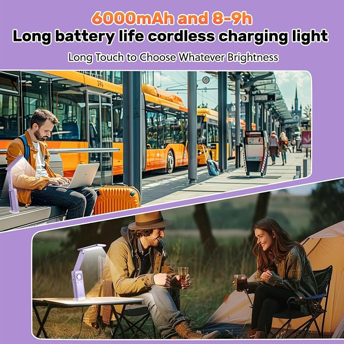 VAVOFO Cute Bunny Desk Lamp, Foldable LED Rechargeable Table Light, Eye-Caring Reading Lamp, 3 Color Modes & Dimmable, for Kids Girls Bedroom Study Dorm Room（Purple） - Image 4