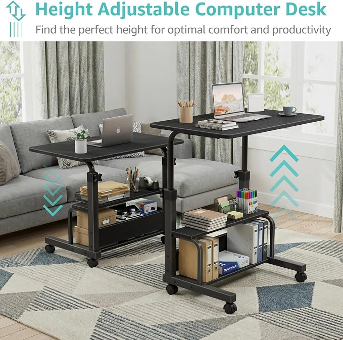WINAZ Small Portable Rolling Kids Desk - 32" Mobile Laptop Desk with Wheels for Small Spaces, Height Adjustable C Shaped Side Table with 2-Tier Storage Shelves, Black - Image 6